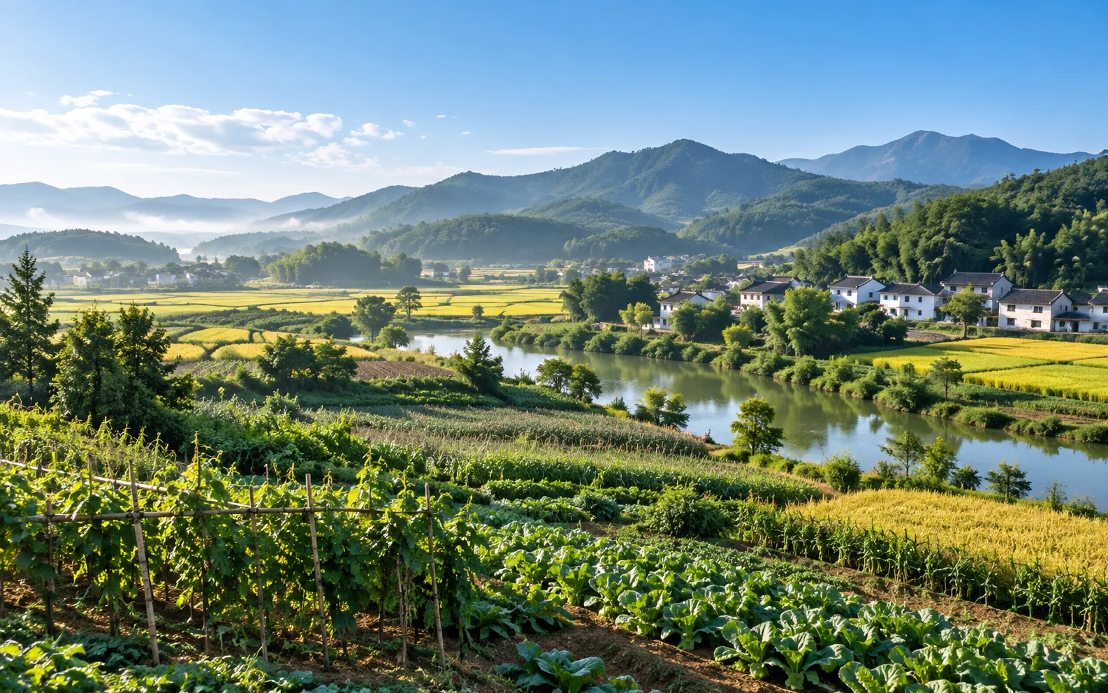 田地与山水环境场景示意